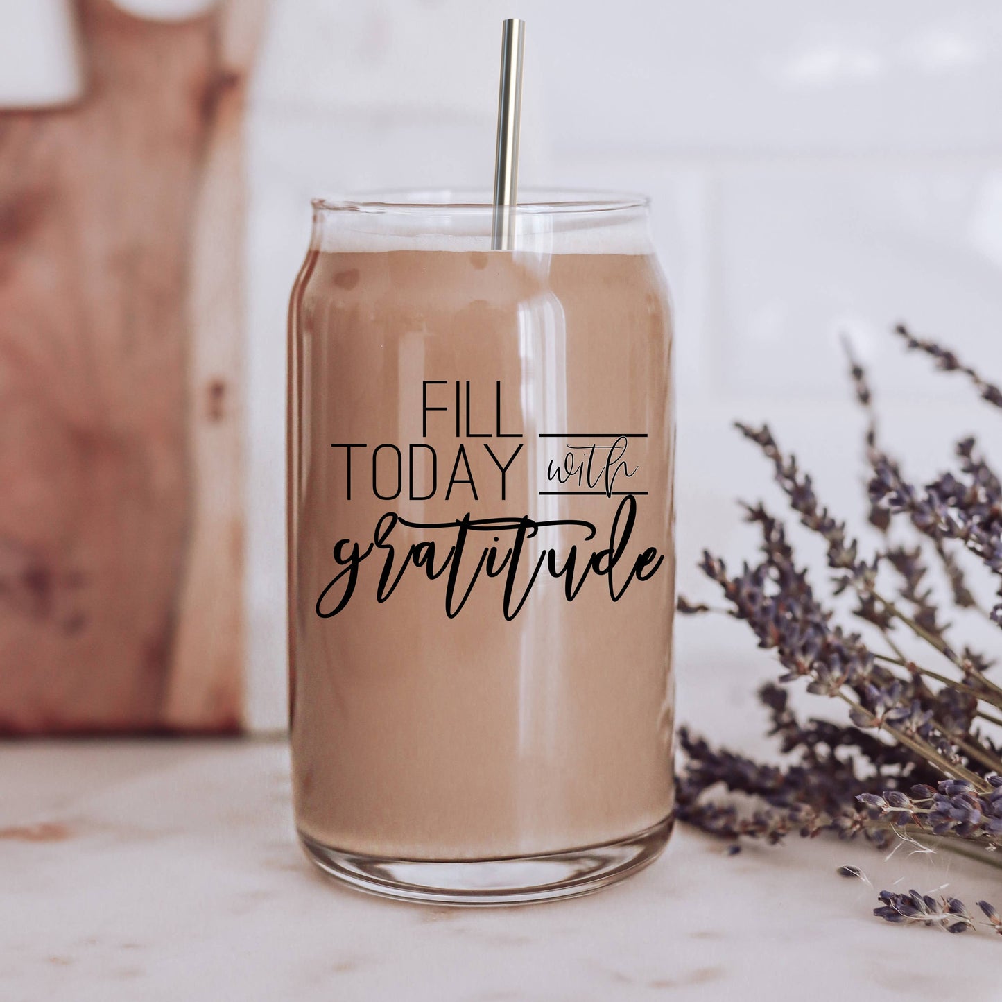 Gratitude Glass Can With Bamboo Lid & Straw